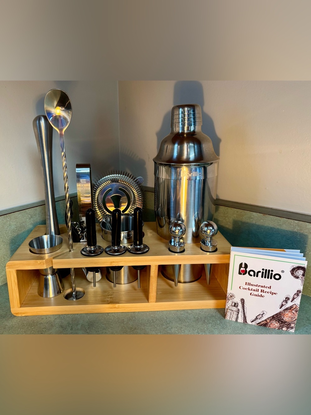Barillio stainless steel bartending kit with bamboo stand- used once.